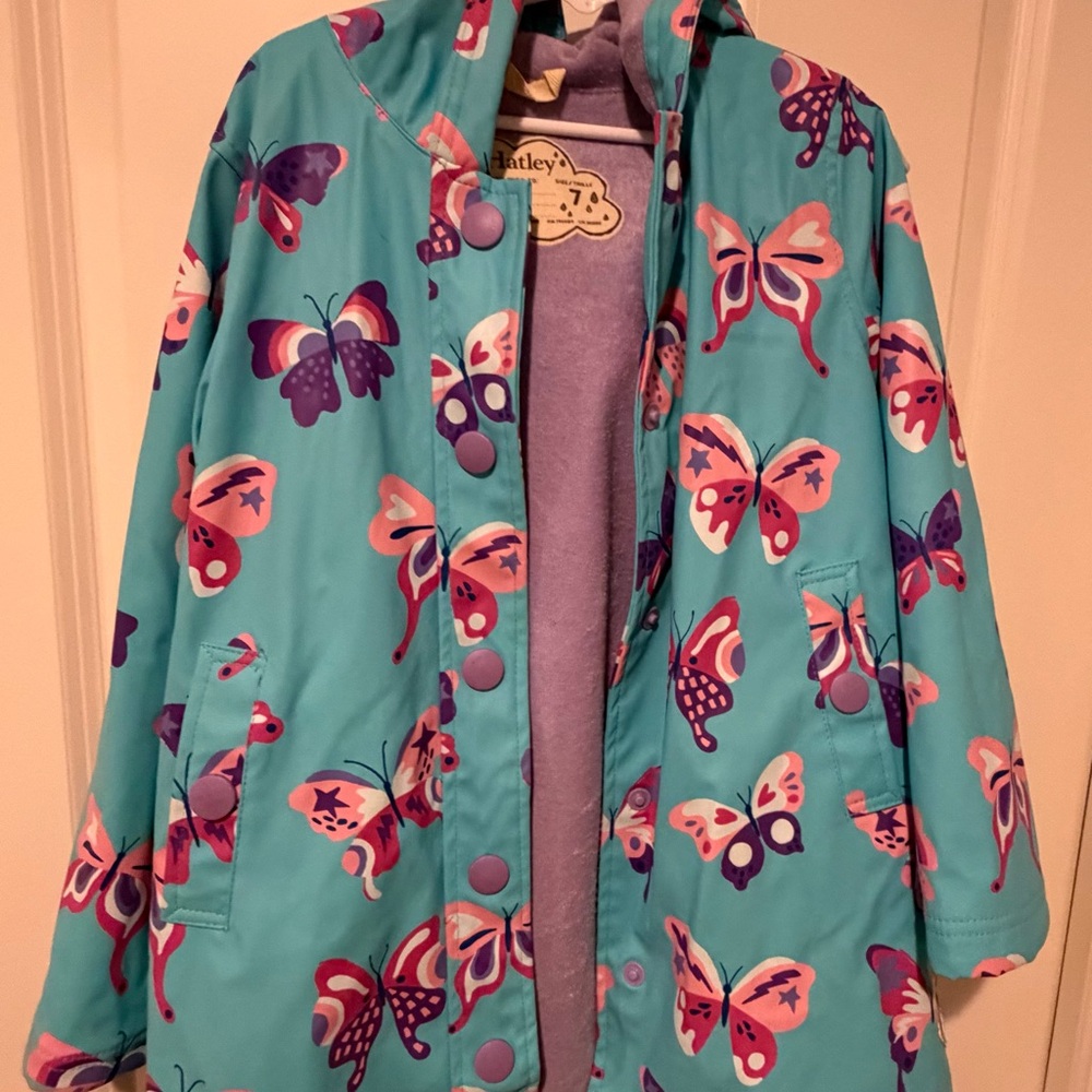Hatley Kids Raincoat with Butterfly Design - Teal and Pink